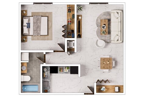 Floor plan for 1 bed, 1 bath, 590 sqft
